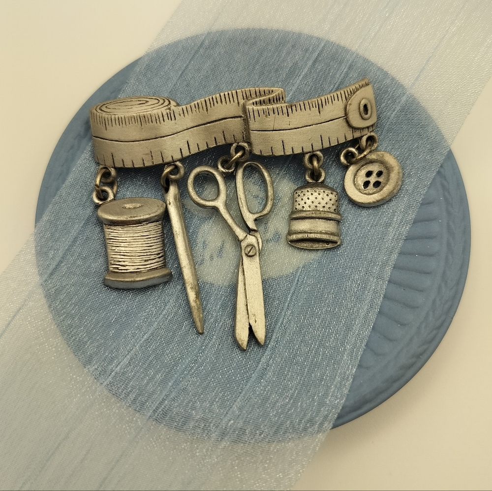 Vintage JJ Signed Pewter Tone Sewing Theme Brooch